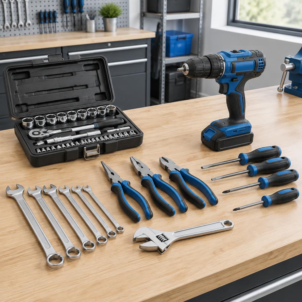 Workshop hand tools and power drill