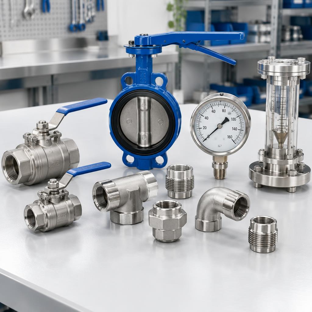 Industrial valves, pressure gauge and flow meter