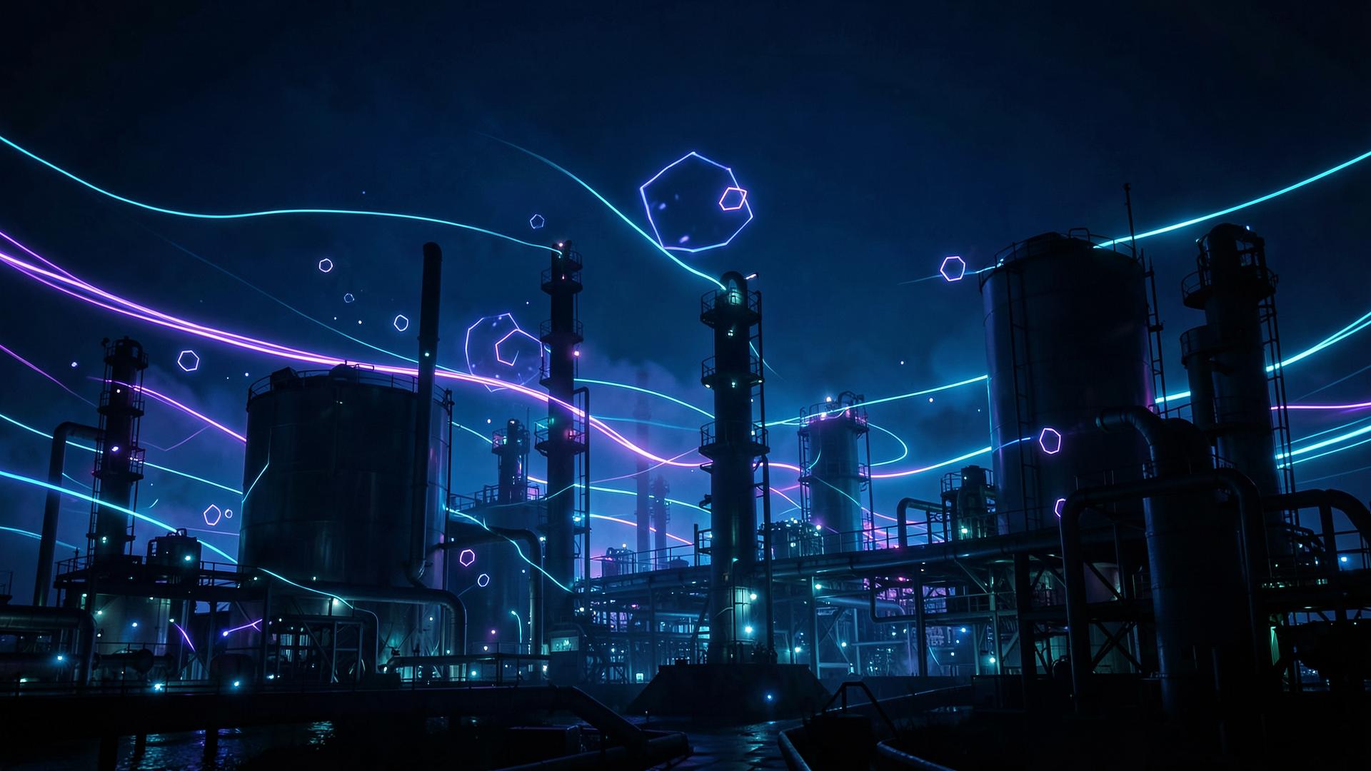 Petrochemical industrial plant at night with neon energy trails